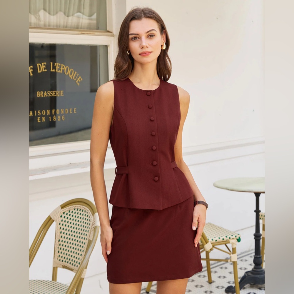 BNWT Rihoas Wine Red Button Belted Vest & A-Line Mini Skirt Set
